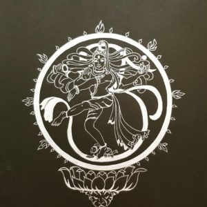 Silver Shiva on black paper A4 - graphic drawing by Nalini Ratanje in Harare Zimbabwe