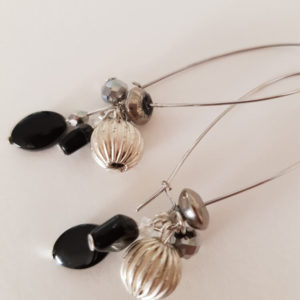 Black silver stunning large silver metal hoops with black glass and silver bead clusters