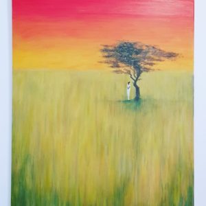 Waiting for Africa Painting African Figure Under Tree in Savanna at Sunset Painting Naina Ratanje African Art Paintings Harare Zimbabwe