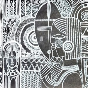 African Abstract Cultural Drawing. White on Black. Afa12 Only available as Prints.